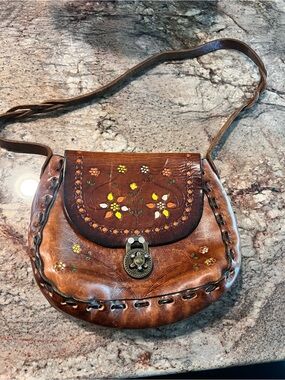 Vintage Handcrafted Brown Leather Floral Crossbody Bag